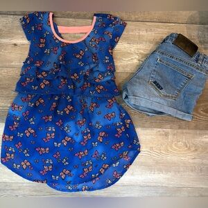 Weavers Girl Butterfly Outfit Set Blue Coral Ruffle Top & Shorts | Easter Spring